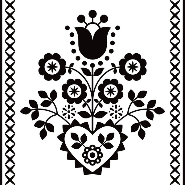 Poolse Bloemen Folk Kunst Vector Zwart Wit Ontwerp Van Nowy — Stockvector