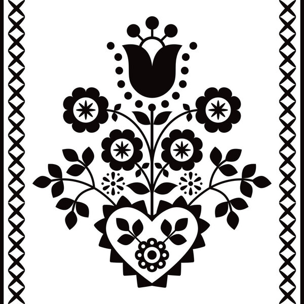 Вектор польского цветочного народного искусства черно-белый дизайн из Нового Сакца в Польше, вдохновленный традиционной горской вышивкой Lachy Sadeckie