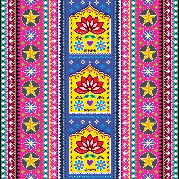 Пакистанский Индийский Грузовик Искусства Бесшовный Векторный Вертикальный Рисунок Цветами Листьями — стоковый вектор