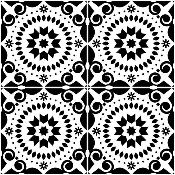 黒と白のAzulejoリスボンタイルシームレスベクトルパターン 伝統的な壁紙や織物 ポルトガルとスペインからの古いタイルに触発されたファブリックプリントデザイン — ストックベクタ