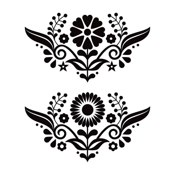 メキシコの伝統的な刺繍に触発された黒と白の花で設定されたメキシコの民俗芸術スタイルベクトル2パターン デザイン要素 — ストックベクタ