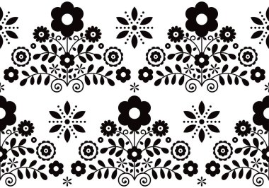 Retro çiçekli halk sanatı vektörü, dikişsiz siyah beyaz tekstil ya da kumaş deseni - Polonyalı halk sanatı Lachy Sadeckie