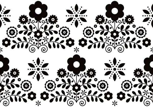 レトロな花の民俗芸術ベクトルシームレスな黒と白のテキスタイルやファブリックプリントパターン ポーランドの民俗芸術Lachy Sadeckie — ストックベクタ