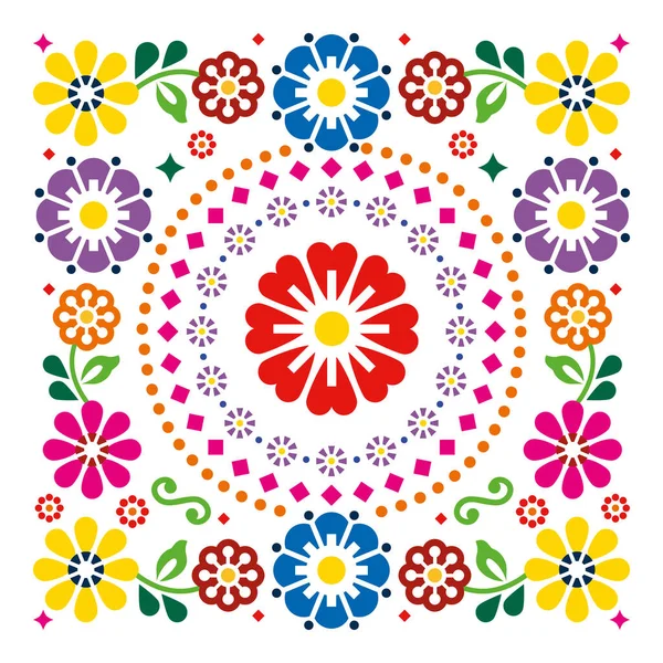 Mexicaanse Folk Kunst Stijl Vector Vierkante Bloemen Levendig Patroon Wenskaart — Stockvector