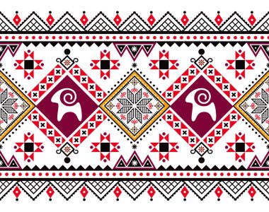 Paskalya yumurtalarının dizaynı Ukrayna 'nın uzun ve pürüzsüz yatay dizaynı keçi ve yıldızlarla, Paskalya yumurtalarının tekrarlanan dizaynı Hutsul Pisanky