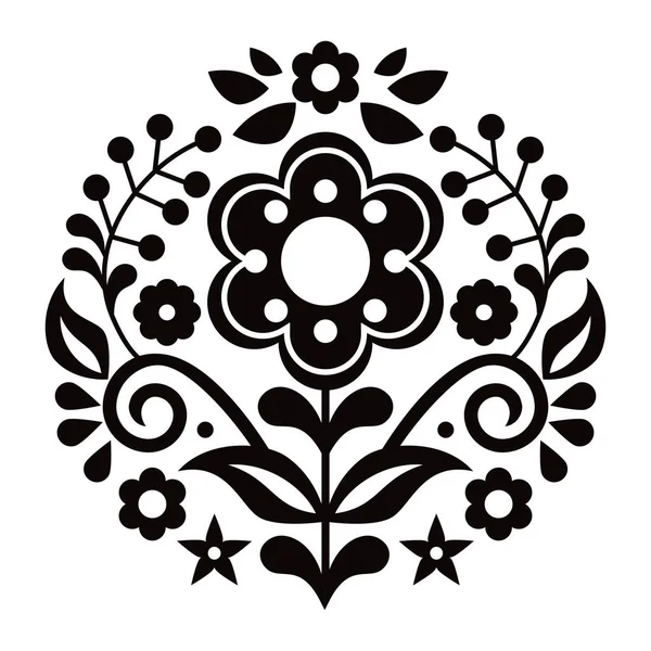 メキシコの伝統的な刺繍デザインに触発花 活気のあるラウンドデザインとメキシコの民俗芸術スタイルベクトルマンダラパターン黒と白 — ストックベクタ