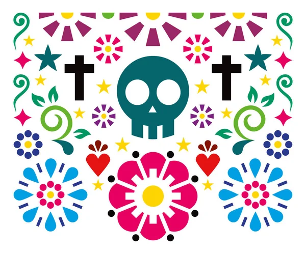 墨西哥民间艺术矢量民间艺术设计与骷髅 十字架和花卉 万圣节和死亡的彩色图案 问候卡 — 图库矢量图片