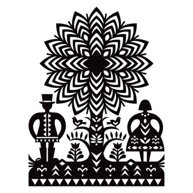 Polish folk art vector pattern with man in hat, woman and birds Kurpiowskie Leluje Wycinanki - Kurpie paper cut outs design in black and white