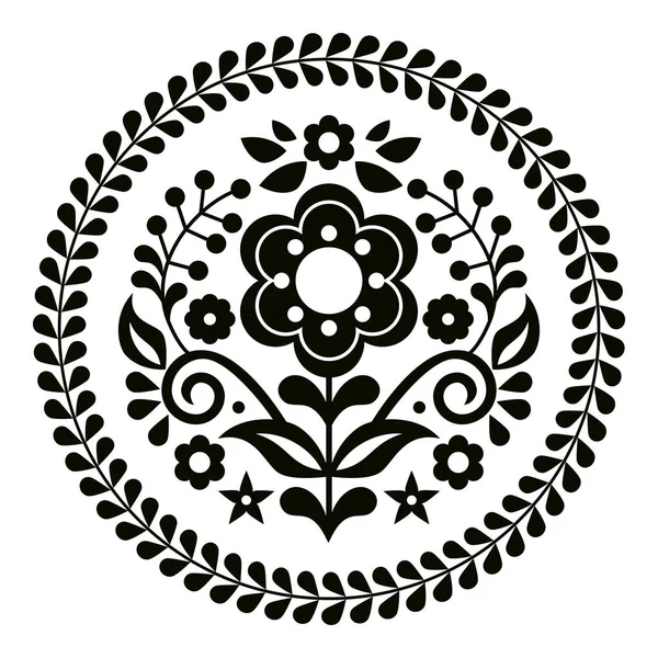Векторний Візерунок Мексиканського Народного Мистецтва Квітами Рамі Чорно Білий Круглий — стоковий вектор