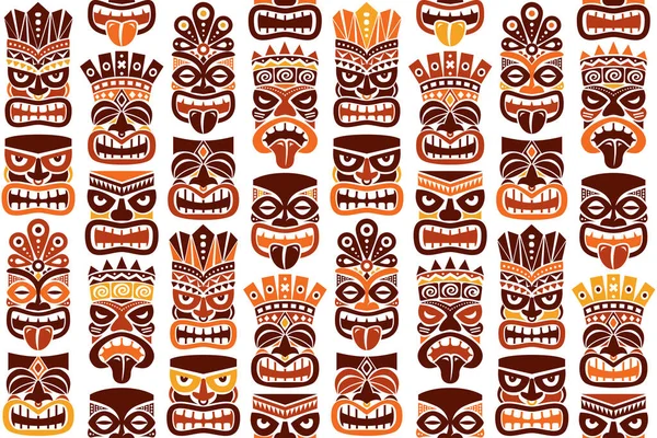 ティキポールトーテムベクトルシームレスパターン 茶色とオレンジでポリネシアやハワイから伝統的な彫像やマスクの反復デザイン — ストックベクタ