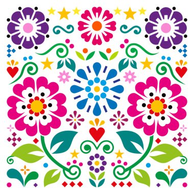 Meksika tarzı, kalpleri, çiçekleri ve canlı halk sanatı olan eski tarz vektör kare tasarımı tebrik kartı ya da düğün davetiyesi için mükemmel.