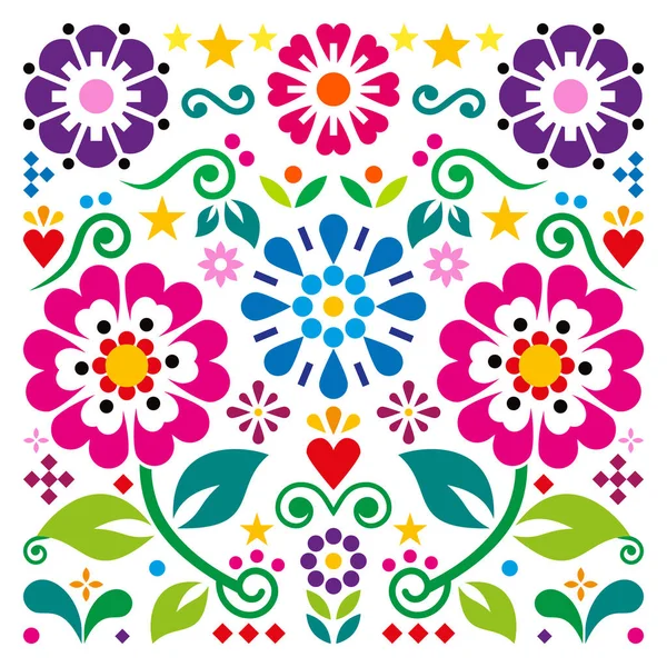 Mexican Retro Style Vector Square Design Hearts Flowers Vibrant Folk — Stock Vector