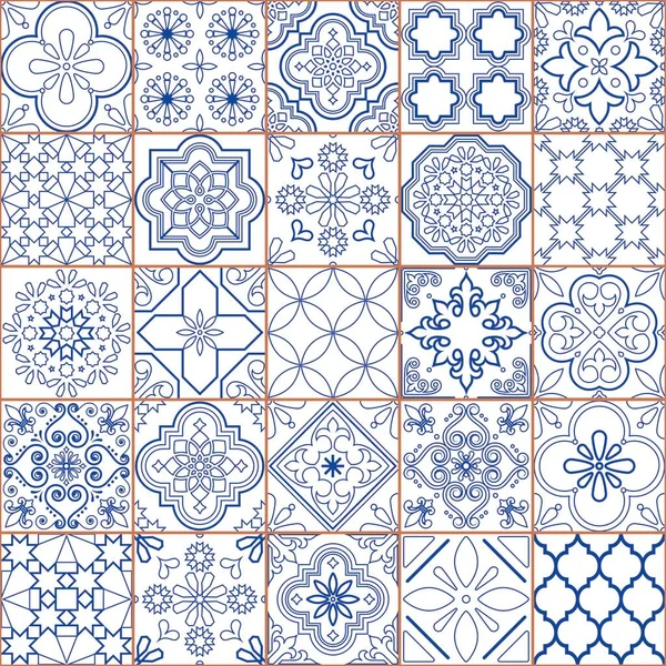 Azulejo Tegels Naadloze Vector Patroon Set Lijn Kunst Traditionele Design — Stockvector