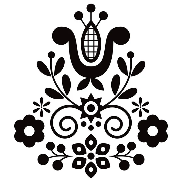花や葉を持つポーランドのかわいい民俗芸術のベクトルデザイン 黒と白のグリーティングカードや結婚式の招待状の装飾 — ストックベクタ