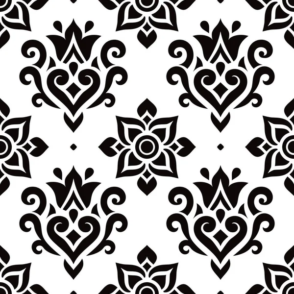 心と渦巻きとタイのベクトルシームレスパターン 白の背景に黒でタイから伝統的な装飾 — ストックベクタ