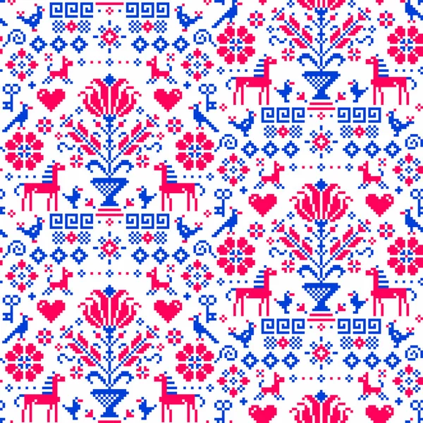 Retro Ross Stitch Vector Seamless Folk Art Single Pattern Flowers — Stock Vector