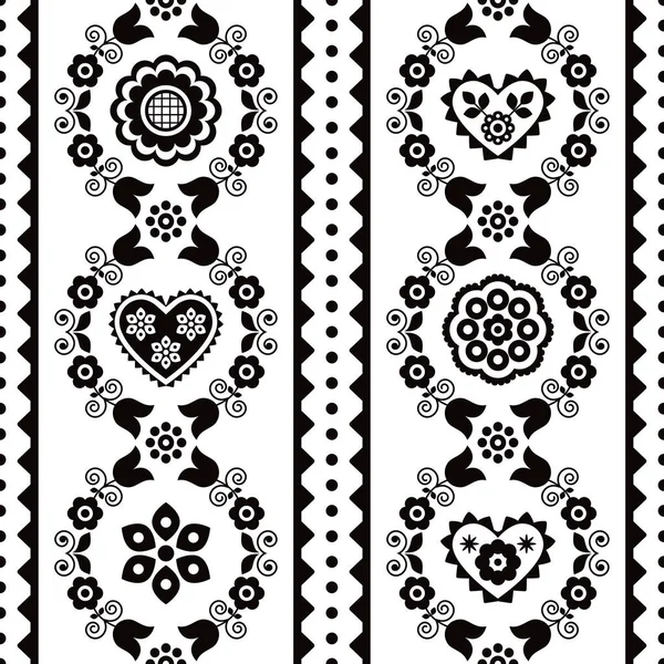 民族衣装の刺繍に触発された花をモチーフにしたポーランドの民族衣装のシームレスな刺繍パターン Lachy Sadeckie 繊維やファブリックプリントの装飾が黒と白で — ストックベクタ