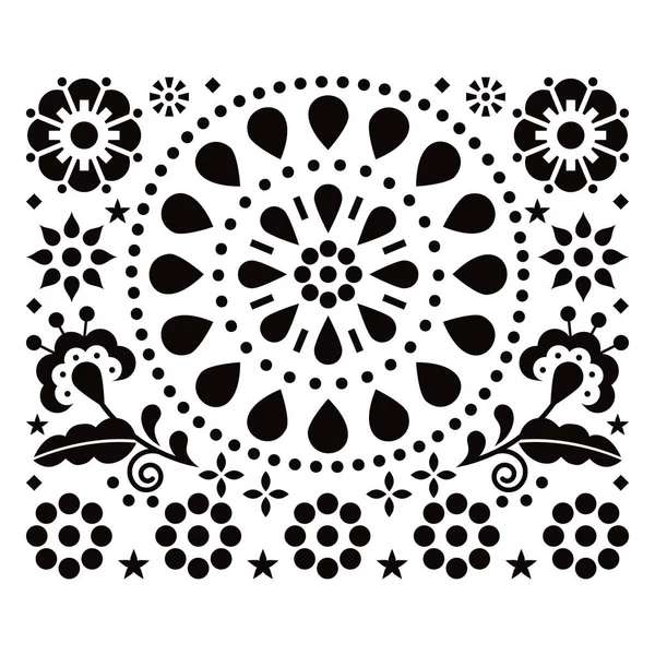 花と幾何学的なマンダラとメキシコの民俗芸術スタイルのベクトルデザイン 挨拶カードや黒と白の結婚式の招待に最適 — ストックベクタ