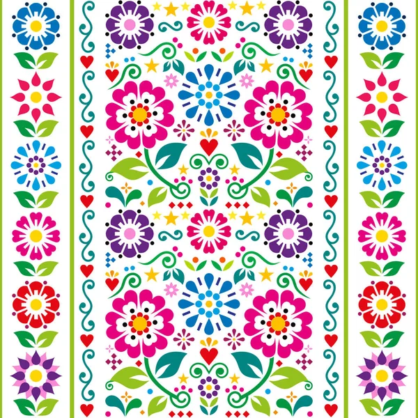 墨西哥刺绣民间艺术风格矢量无缝图案与花卉 叶子和几何形状 垂直设计完美壁纸 纺织品或织物打印 — 图库矢量图片