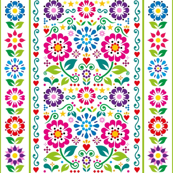墨西哥刺绣民间艺术风格矢量无缝图案与花卉 叶子和几何形状 垂直设计完美壁纸 纺织品或织物打印 免版税图库插图