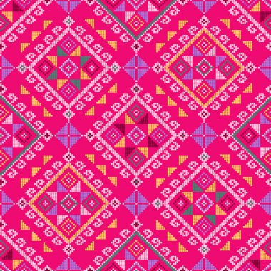 Yakan halk sanatı ilham verici vektörsüz geometrik desen - Filipinli esinlenilmiş tekstil veya pembe arkaplan kumaşı