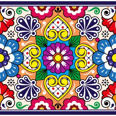Meksika Talavera çanak çömleği ya da seramik tarzı vektörsüz desen, tekstil ya da kumaş desenli dekoratif arka plan Meksika 'nın geleneksel tasarımlarından esinlenilmiştir 