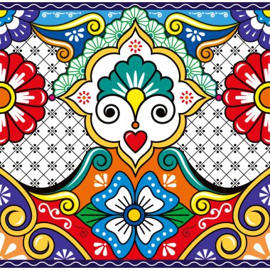 Meksika 'dan gelen çömlekçi ya da seramik tarzı, Talavera dizaynı canlı çiçekler, girdaplar ve yapraklar.
