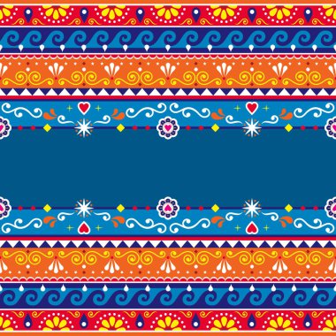 Pakistanlı ya da Hint kamyonlu, kusursuz desenli. Metin için boş alanı olan bir tapınak. Çiçekli ve soyut şekilli dekoratif kamyon deseni. 