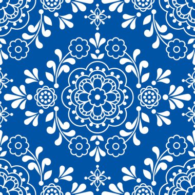 İskandinav folkloral sanat vektörü kusursuz desen, şirin süs tasarımı donanma mavisi arka planda beyaz kumaş baskısı için mükemmel.