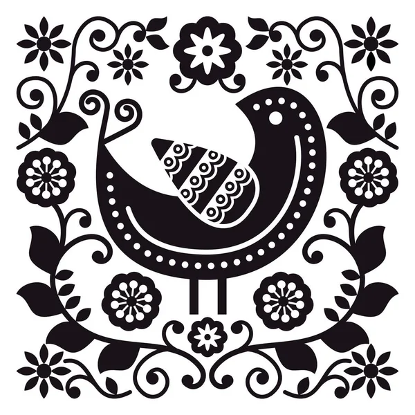 Scandinavian Folk Art Vector Design Bird Floral Frame Black White Stock Vector