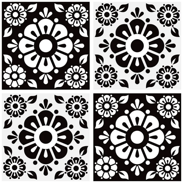 Mexikanische Talavera Niedlichen Floralen Fliesen Vektor Nahtlose Muster Mit Schwarzen Vektorgrafiken