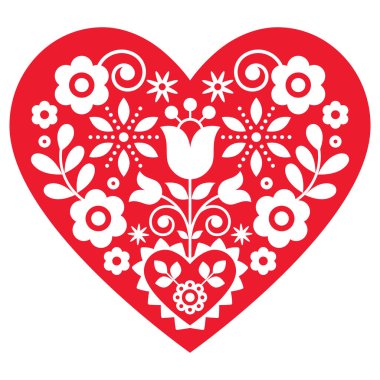 Polish cute floral folk art vector heart design with flowers perfect for Valentine's Day greeting card or wedding invitation - Polish pattern clipart