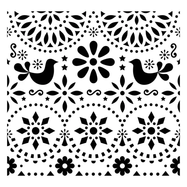 メキシコの民俗美術ベクターパターン 鳥や花 黒と白のメキシコの伝統的な芸術形態に触発されたグリーティングカードデザイン ロイヤリティフリーストックベクター