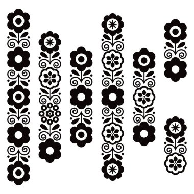 Polonyalı eski halk sanatı vektörü uzun dikey tasarım elementleri geleneksel çiçek nakışlarından esinlenilmiş, tebrik kartı desenleri siyah ve beyaz