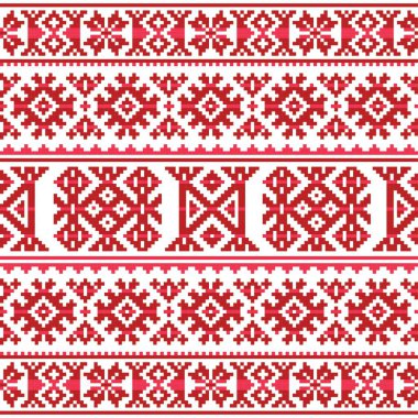 Kış ya da Noel tarzı Sami halk sanatı vektörü kırmızı ve beyaz pürüzsüz desen. Yapay zeka olmayan oluşturuldu