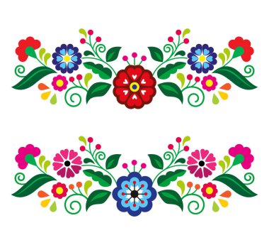 Meksika halk sanatı tarzı uzun yatay çiçek desenli vektör, Meksika 'dan esinlenilmiş tebrik kartı retro tasarımı. Yapay zeka oluşturulmadı