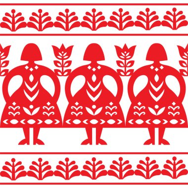 Polish folk art style vector seamless pattern with women and flowers  Kurpiowskie Leluje Wycinanki -  paper cut outs pattern. Non AI-generated clipart