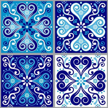 Lizbon stili Azulejo fayanssız vektör mavisi desen, Portekiz 'in çiçek ve geometrik motifli sanatından esinlenilmiş zarif dekoratif desen