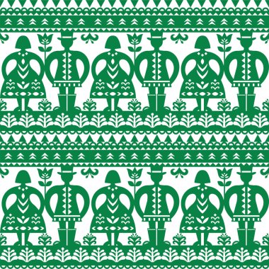 Polish folk art vector seamless pattern with man and woman - Kurpiowskie Leluje Wycinanki - Kurpie paper cut outs design in green clipart