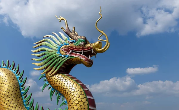 青い空の背景に中国の旧正月のドラゴンの装飾 中国の彫刻デザイン ドラゴンの頭 明けましておめでとうございます お祝いの背景に龍の装飾 — ストック写真