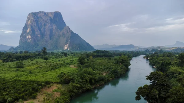 Aerial view river and mountain at countryside in Laos from  drone