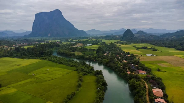 Aerial view river and mountain at countryside in Laos from  drone
