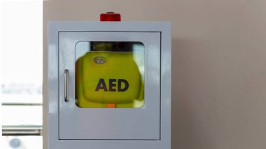 First aid box cardiopulmonary resuscitation using automated external defibrillator device, AED. First aid box for safety reason at Airport.