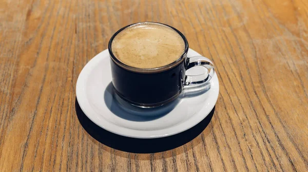 Svart Kaffe Glasmugg Kopp Espressokaffe Läcker Morgonkopp Espressokaffe Med Vacker — Stockfoto