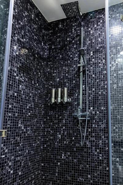 stock image Shower at bathroom. Bathroom interior . Luxury fully tiled shower with rain head and hand held shower rose.	