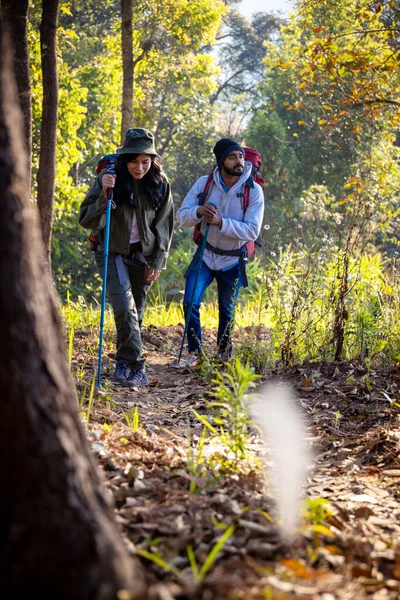 stock image Happy Travelers Hiking with Backpacks on the Beautiful Rocky Trail at Warm Sunny. Hikers with backpacks walks in mountains. travel in the mountains with backpacks. Travel in the mountain with backpack