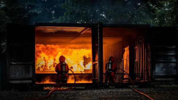 Firefighter Concept Fireman Using Water Extinguisher Fighting Fire Flame Firefighters — Photo