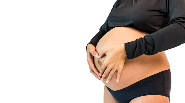 Zwangere Buik Een Vrouw Die Haar Naakte Dikke Buik Aanraakt — Stockfoto