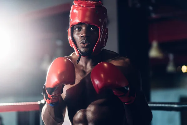 Boxer Edzésre Készül Boxing Clubban Magabiztos Bokszoló Áll Pózban Harcra — Stock Fotó
