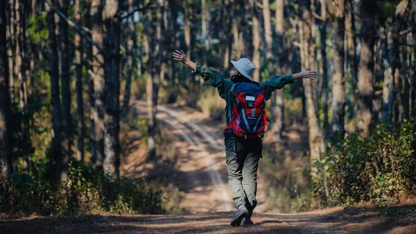 Güzel Rocky Patikası 'nda sırt çantasıyla Sıcak Güneşli Gezginler Yürüyüşü. Sırt çantalı yürüyüşçüler dağlarda yürürler. Sırt çantalarınızla dağlarda dolaşın. Sırt çantasıyla dağda seyahat et.